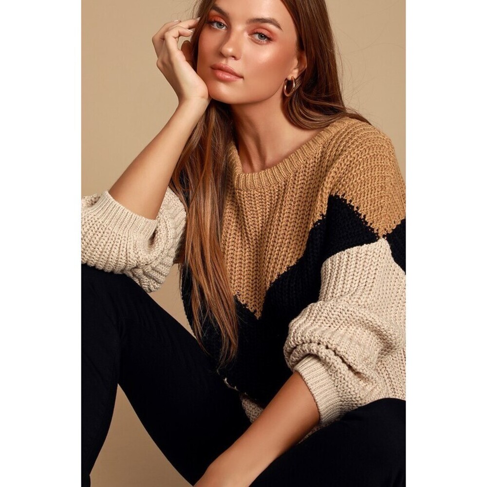 Lulus Autumn Leaves Tan Multi Chevron Stripe Knit Sweater Beige - Size M